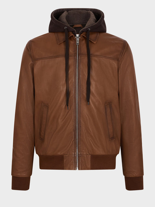 Blouson en cuir camel à capuche amovible - Father & Sons   - 6 