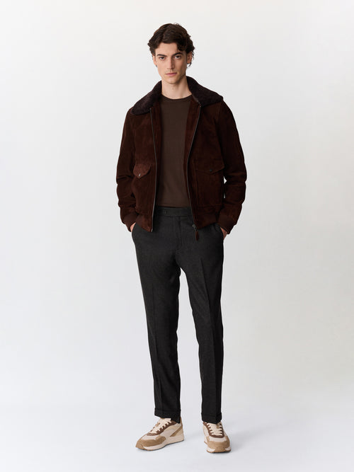Blouson en cuir nubuck marron à col sherpa - Father & Sons   - 6 