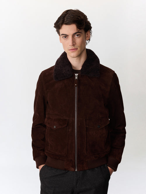 Blouson en cuir nubuck marron à col sherpa - Father & Sons   - 1 