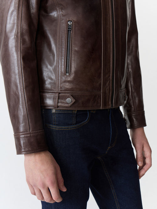 Blouson en cuir cognac à capuche amovible - Father & Sons   - 5 