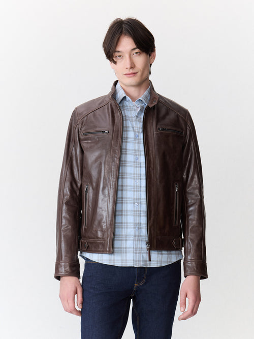 Blouson en cuir cognac à capuche amovible - Father & Sons   - 3 