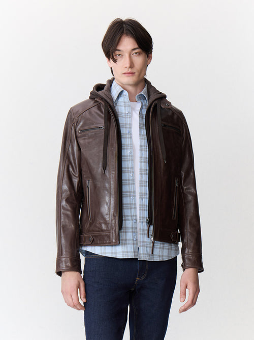 Blouson en cuir cognac à capuche amovible - 1 - Father & Sons   - 13 