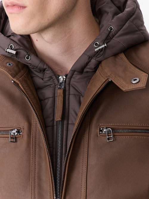 Blouson en cuir cognac à capuche amovible - Father & Sons   - 3 