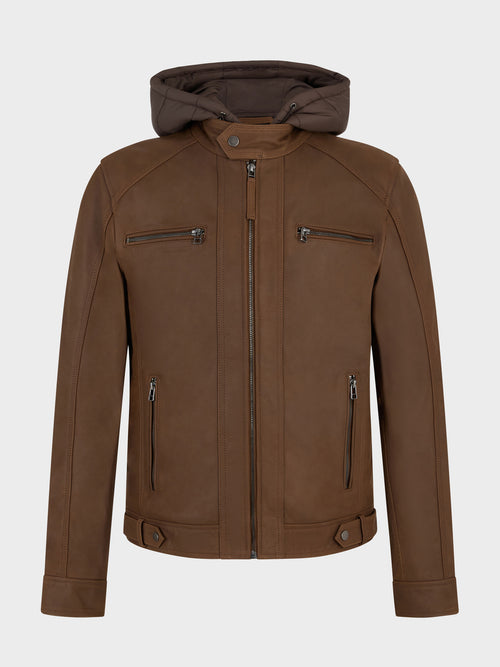 Blouson en cuir cognac à capuche amovible - Father & Sons   - 4 