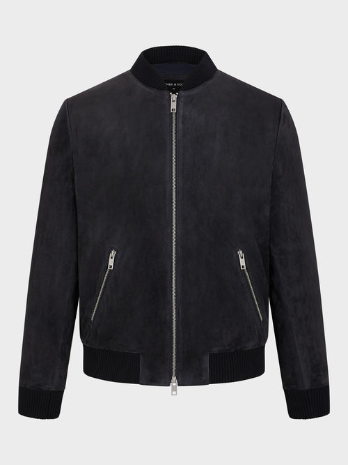 Blouson Teddy en cuir nubuck bleu marine - Father & Sons   - 1 