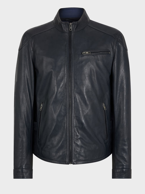 Blouson en cuir bleu marine - 1 - Father & Sons   - 7 