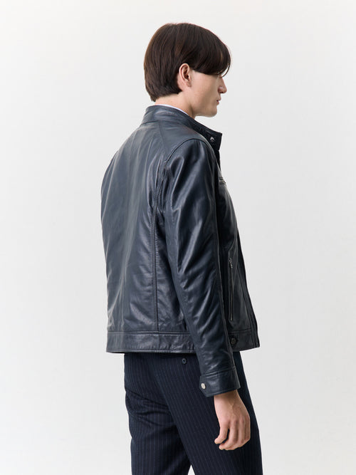 Blouson en cuir bleu marine à capuche amovible - 2 - Father & Sons   - 3 