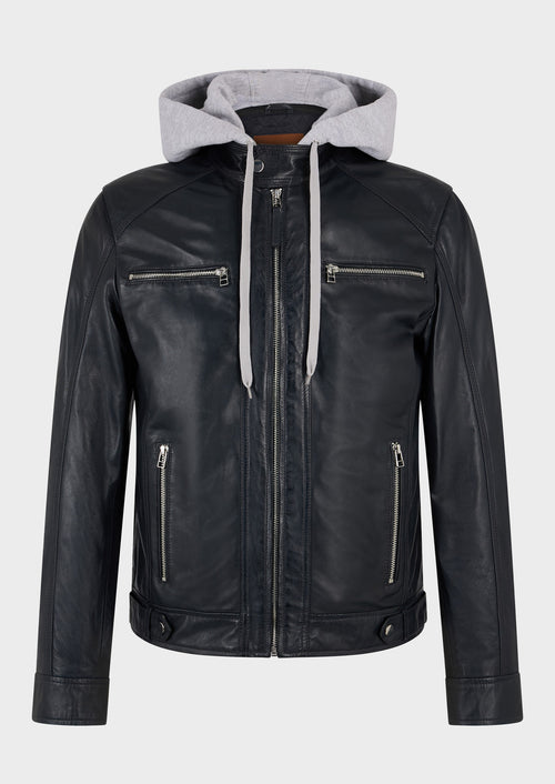 Blouson en cuir bleu marine à capuche amovible - 1 - Father & Sons   - 17 