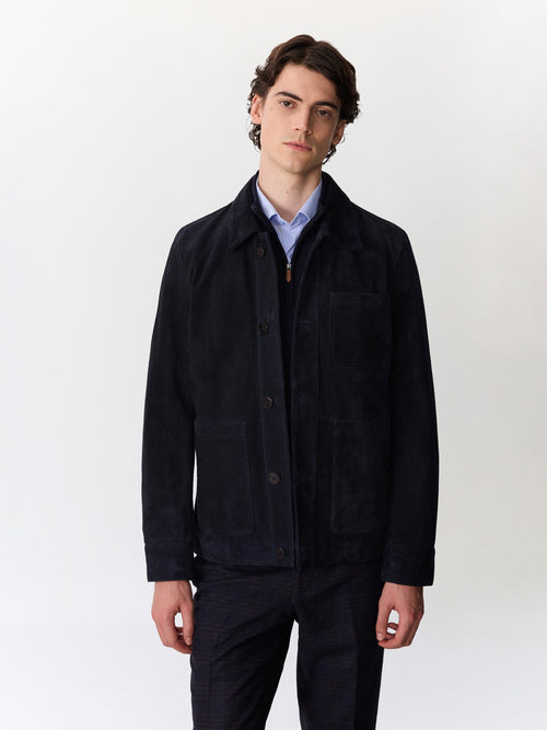 Veste en cuir nubuck bleu marine - 1 - Father & Sons   - 4 