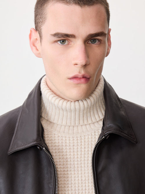 Blouson en cuir marron à col sherpa - Father & Sons   - 5 