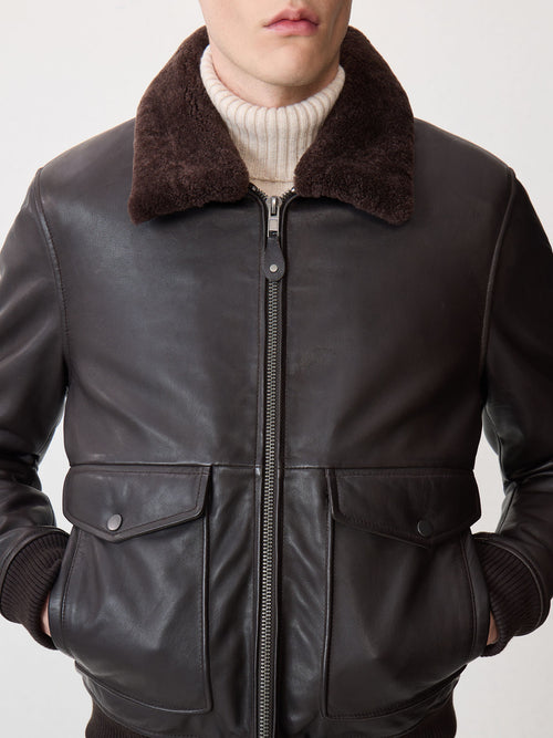 Blouson en cuir marron à col sherpa - Father & Sons   - 4 