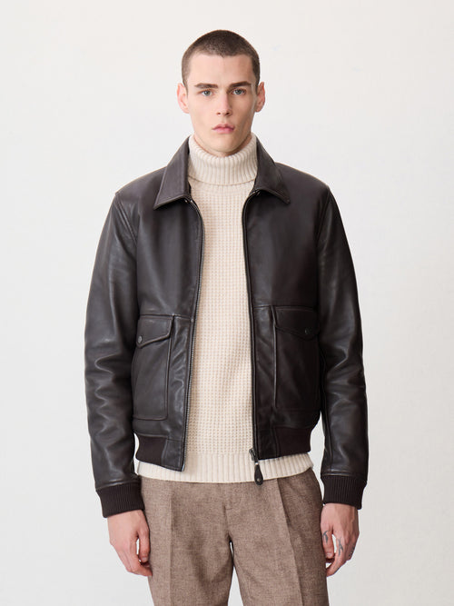Blouson en cuir marron à col sherpa - Father & Sons   - 3 