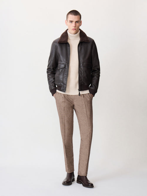 Blouson en cuir marron à col sherpa - Father & Sons   - 6 