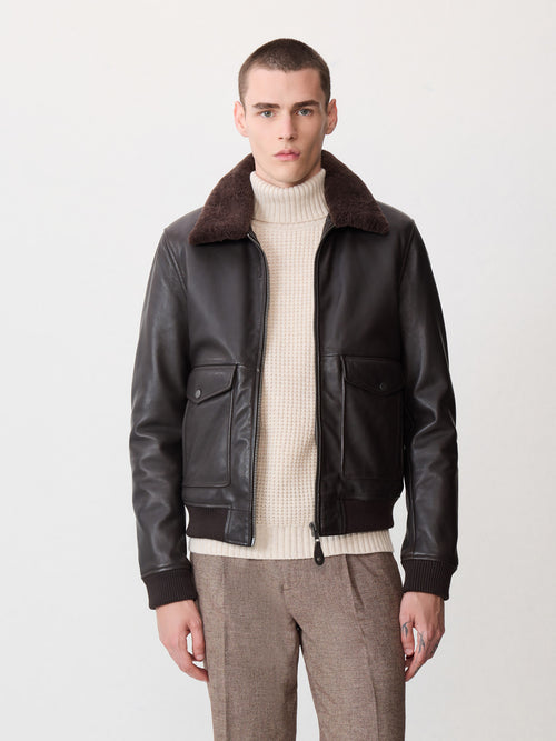 Blouson en cuir marron à col sherpa - 1 - Father & Sons   - 15 