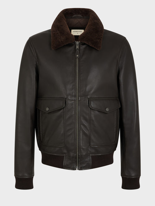 Blouson en cuir marron à col sherpa - Father & Sons   - 7 