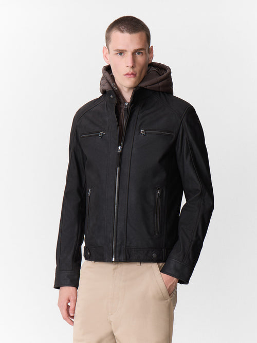 Blouson en cuir nubuck marron à capuche amovible - 1 - Father & Sons   - 11 