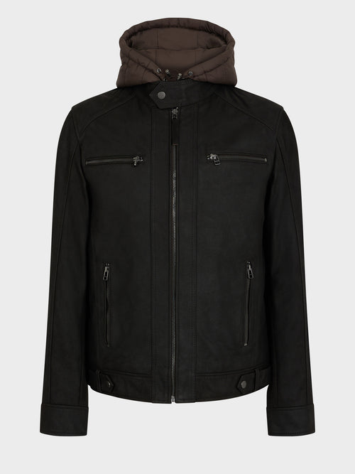 Blouson en cuir nubuck marron à capuche amovible - 1 - Father & Sons   - 5 