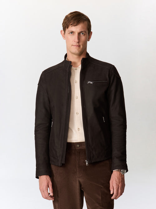 Blouson en cuir marron à capuche amovible - Father & Sons   - 1 