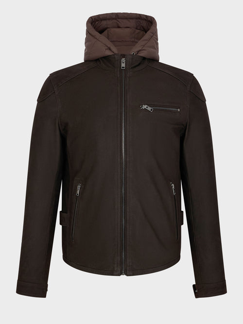 Blouson en cuir marron à capuche amovible - Father & Sons   - 5 