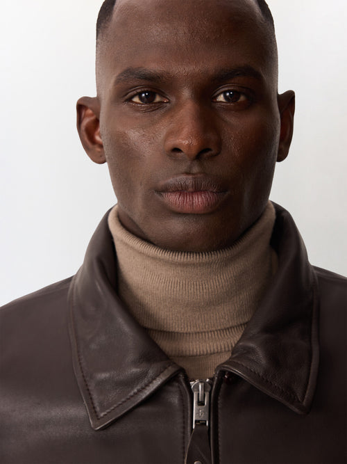 Blouson en cuir marron à col sherpa - Father & Sons   - 3 