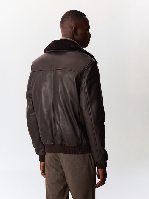 Blouson en cuir marron à col sherpa - 2 - Father & Sons   - 6 