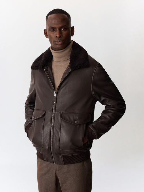 Blouson en cuir marron à col sherpa - 1 - Father & Sons   - 6 