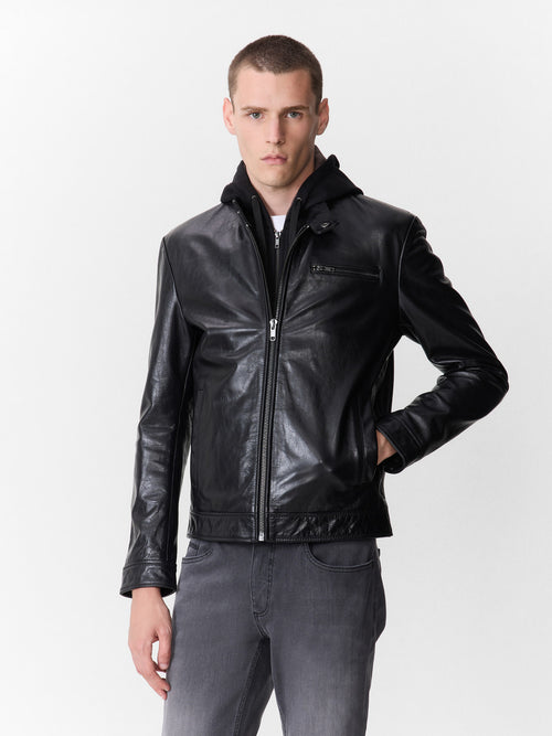 Blouson en cuir noir à capuche amovible - 1 - Father & Sons   - 16 