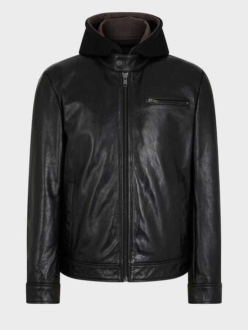 Blouson en cuir noir à capuche amovible - 1 - Father & Sons   - 20 