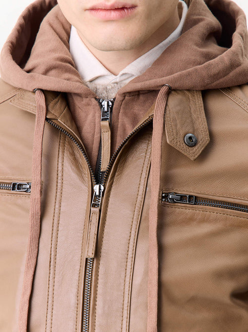 Blouson en cuir marron à capuche amovible - Father & Sons   - 5 