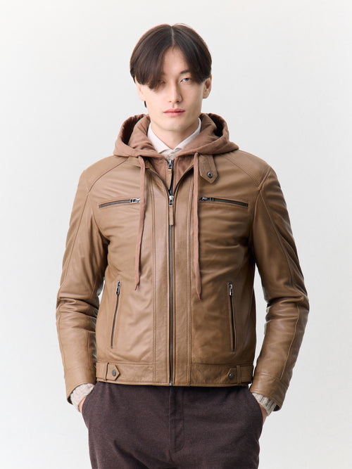 Blouson en cuir marron à capuche amovible - Father & Sons   - 3 