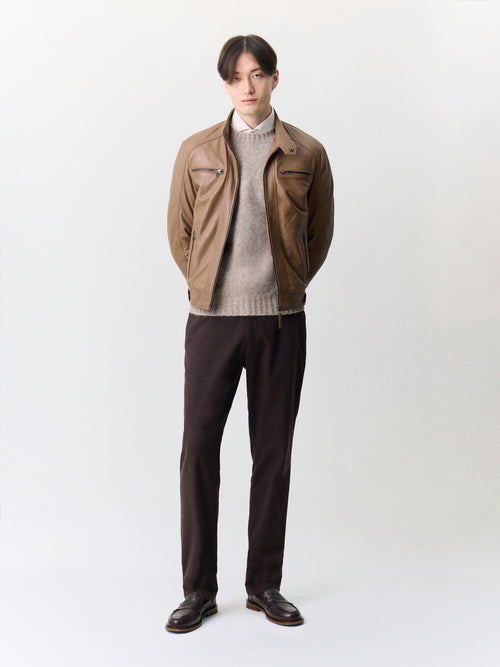 Blouson en cuir marron à capuche amovible - Father & Sons   - 6 