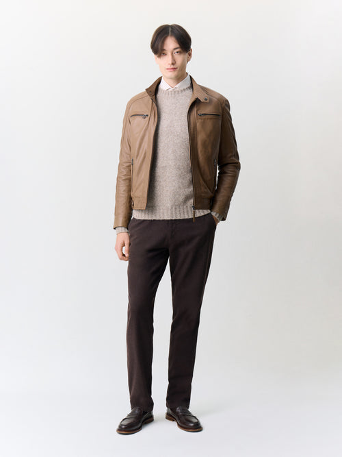 Blouson en cuir marron à capuche amovible - Father & Sons   - 7 