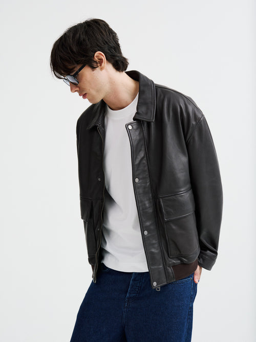 Blouson aviateur en cuir marron - Father & Sons   - 3 
