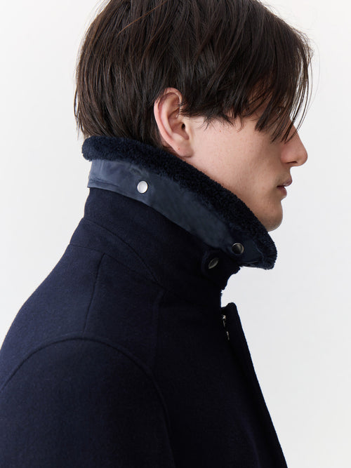 Blouson en laine mélangée bleu marine à col sherpa - Father & Sons   - 6 