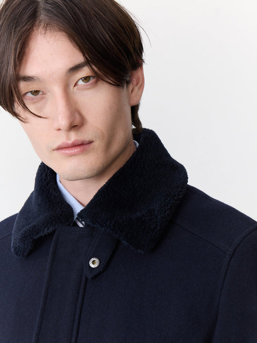 Blouson en laine mélangée bleu marine à col sherpa - Father & Sons   - 5 