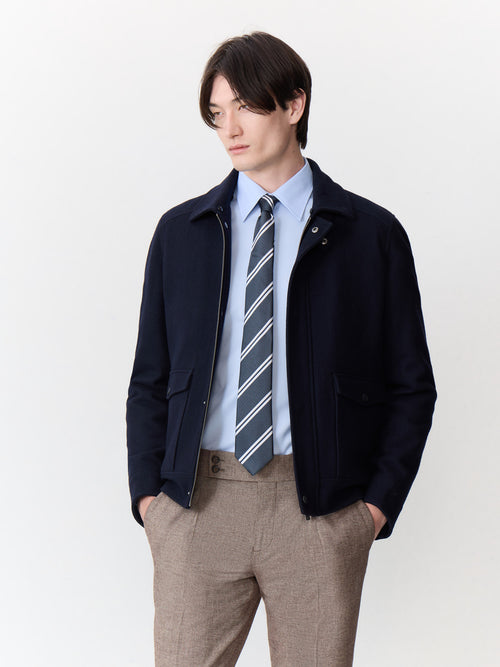 Blouson en laine mélangée bleu marine à col sherpa - Father & Sons   - 4 
