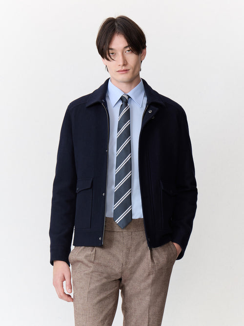 Blouson en laine mélangée bleu marine à col sherpa - Father & Sons   - 3 