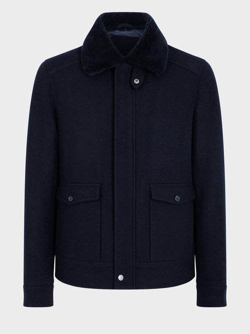 Blouson en laine mélangée bleu marine à col sherpa - 1 - Father & Sons   - 4 