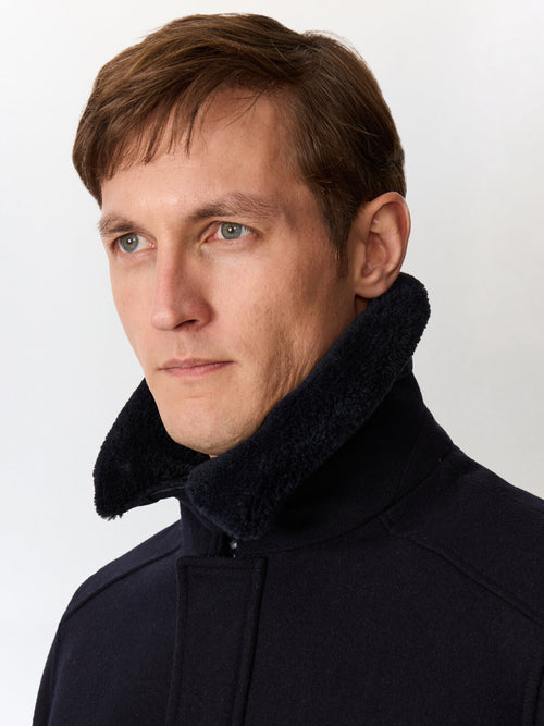 Blouson en laine mélangée bleu marine à col sherpa - Father & Sons   - 5 