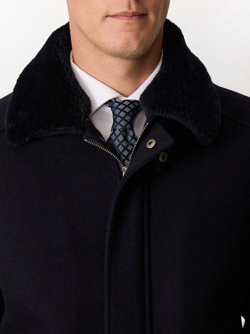 Blouson en laine mélangée bleu marine à col sherpa - Father & Sons   - 4 
