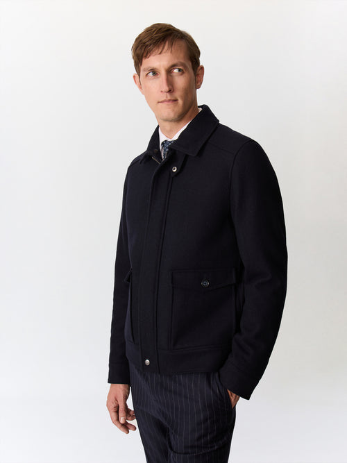 Blouson en laine mélangée bleu marine à col sherpa - Father & Sons   - 1 