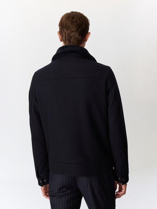 Blouson en laine mélangée bleu marine à col sherpa - Father & Sons   - 3 