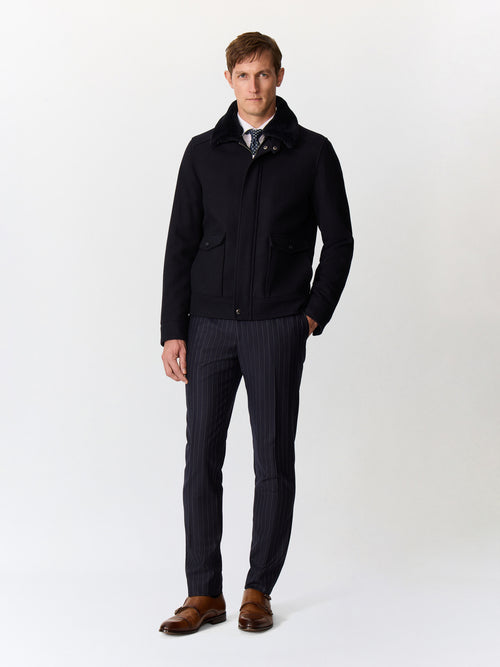 Blouson en laine mélangée bleu marine à col sherpa - Father & Sons   - 6 
