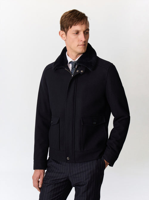 Blouson en laine mélangée bleu marine à col sherpa - Father & Sons   - 2 