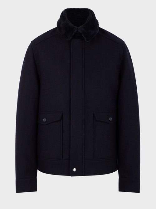 Blouson en laine mélangée bleu marine à col sherpa - Father & Sons   - 7 