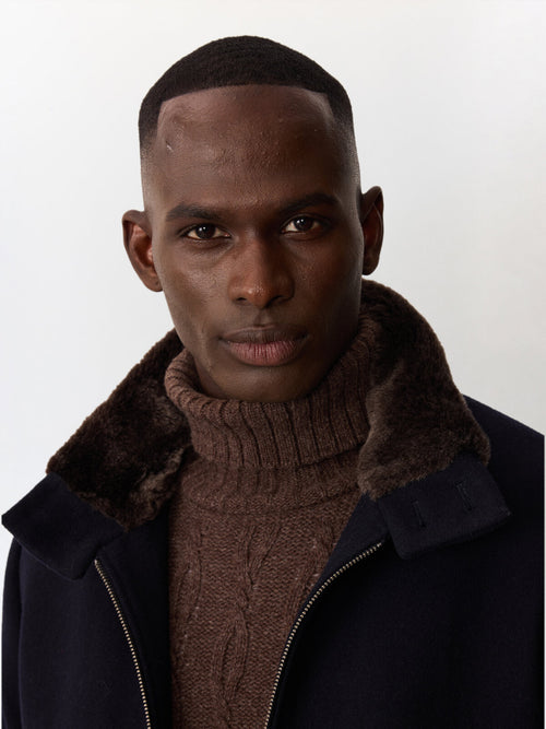 Blouson en laine mélangée bleu marine à col sherpa - Father & Sons   - 4 