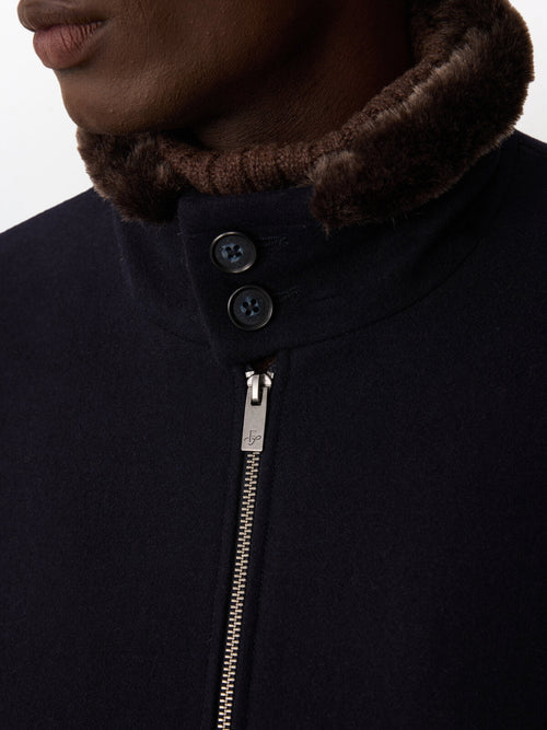 Blouson en laine mélangée bleu marine à col sherpa - Father & Sons   - 5 