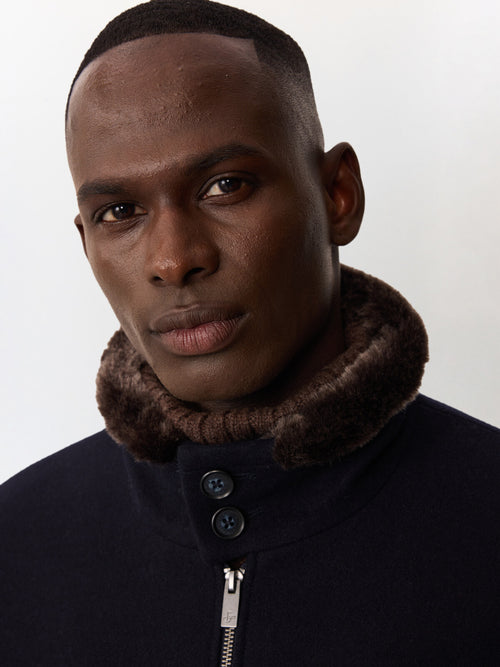 Blouson en laine mélangée bleu marine à col sherpa - Father & Sons   - 3 