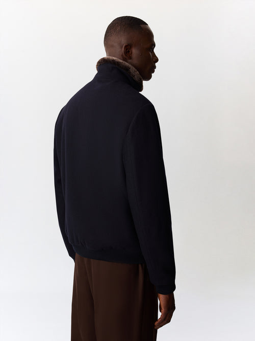 Blouson en laine mélangée bleu marine à col sherpa - 2 - Father & Sons   - 8 