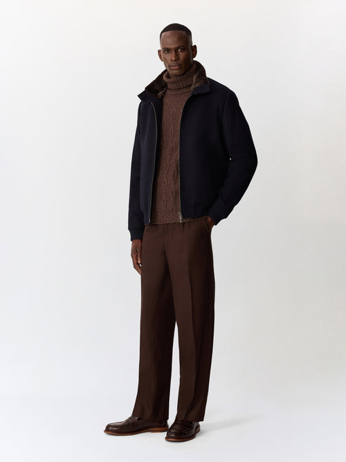Blouson en laine mélangée bleu marine à col sherpa - Father & Sons   - 6 